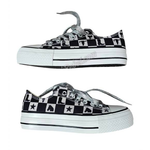 NEW 2FLYCO women's checkered cowgirl kickers sneaker in black/white - Picture 2 of 6